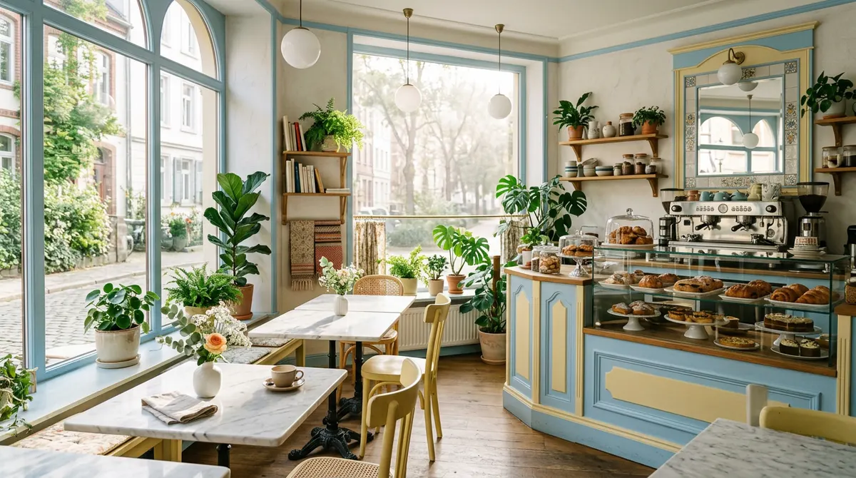 Inside the café: morning sun across marble tables and a pastry counter